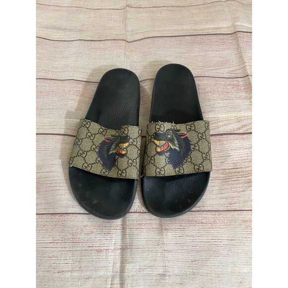 Gucci Men's Authentic Wolf GG Logo Print Brown Black Sandals Slides - 9 - Picture 2 of 16
